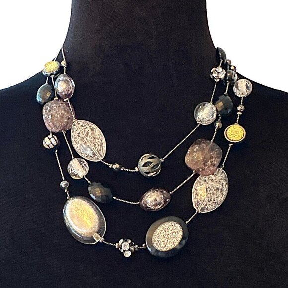 New York & Co Necklace Triple Strand Acrylic Sparkle Beads Black Silver - Picture 1 of 4